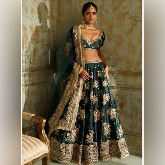NWT Dark Green and Gold Detail Lehenga Choli set from Lashkaraa (XXS) - Picture 6 of 6